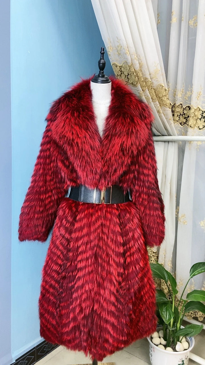 ANNSIRGRA 100% Genuine Fox Fur Jacket x-long Real Fox Fur Coat with Large Turn-down Fox Fur Collar Warm Stylish Fashion Overcoat