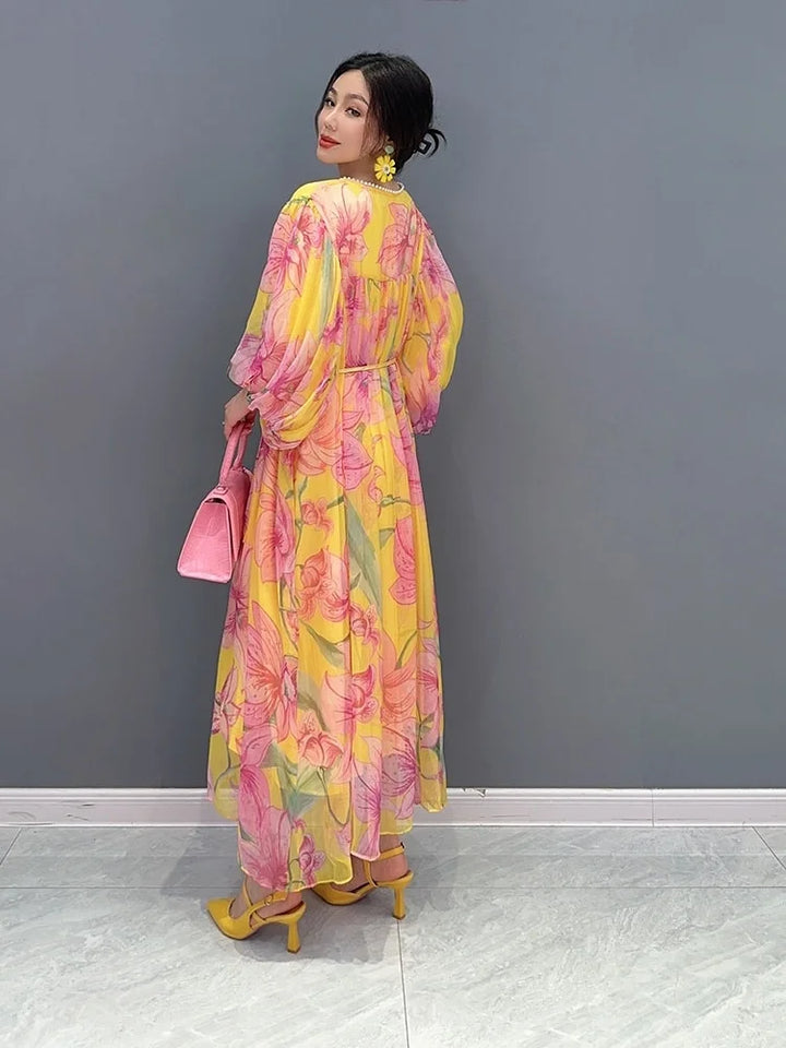 2024 Summer Chiffon Floral Dress - Elegant and Colorful Print - One Size Fits All