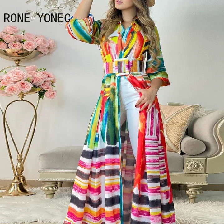 Colorful Tie Dye Maxi Dress with Elegant Lantern Sleeves and Sashes - Women's