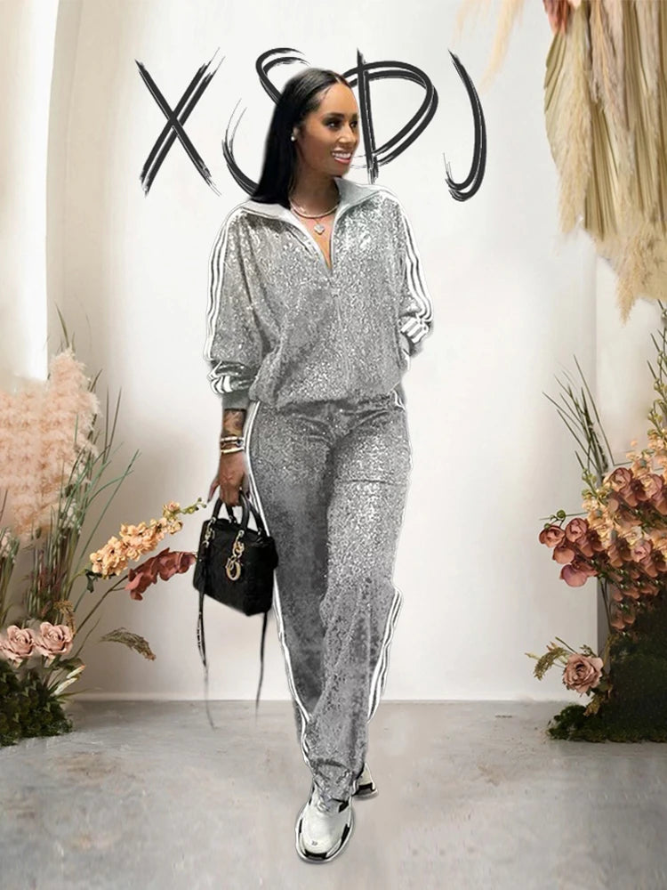 Sequin Two-Piece Set: Winter Nightclub Sport Suit for Casual Elegance