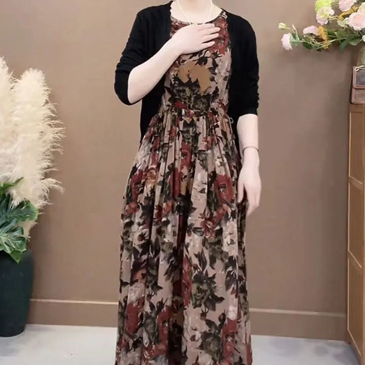 Vintage Floral A-Line Dress - Elegant Long Sleeve Women's Clothing