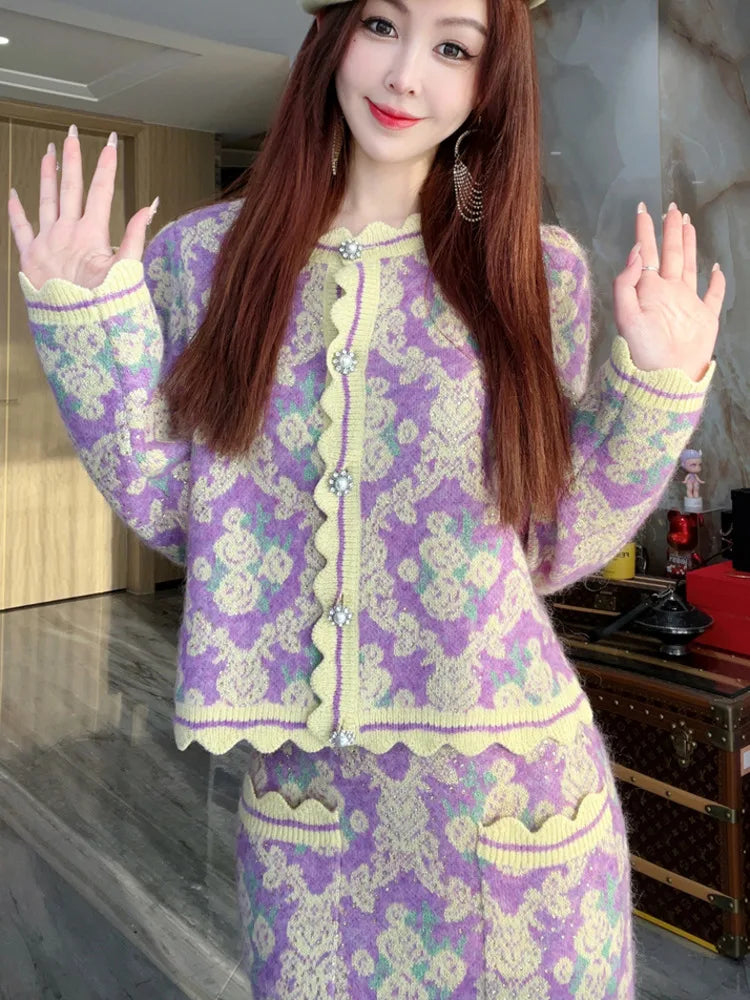 Vintage Women's Knitted Sets 2 Piece 2024 Korean Fashion Long Sleeves Cardigans+Elastic Long Skirt Thick Sweater Two Pieces Sets