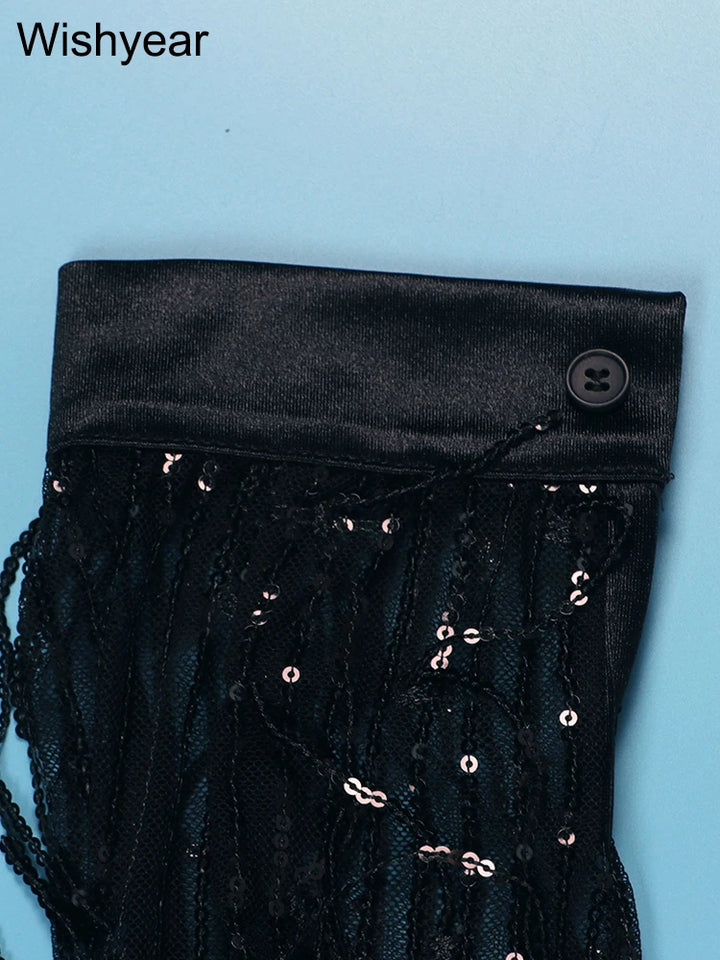 Sparkle in Style: Sexy Two-Piece Sequin Tracksuit with See-Through Top & Pants