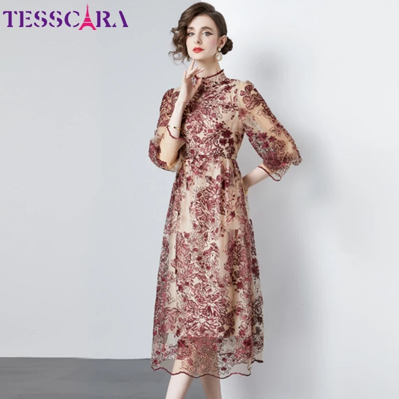 Elegant Embroidery Mesh Dress - Spring/Summer Designer A-Line Vestidos by TESSCARA