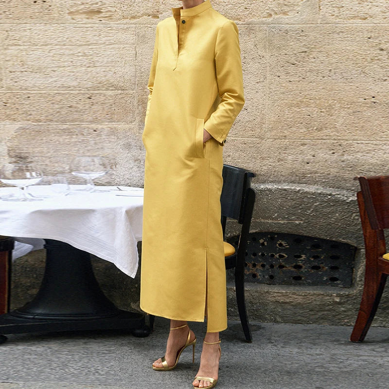 Autumn Party Maxi Dress - V Neck, Long Sleeve, Dot Print