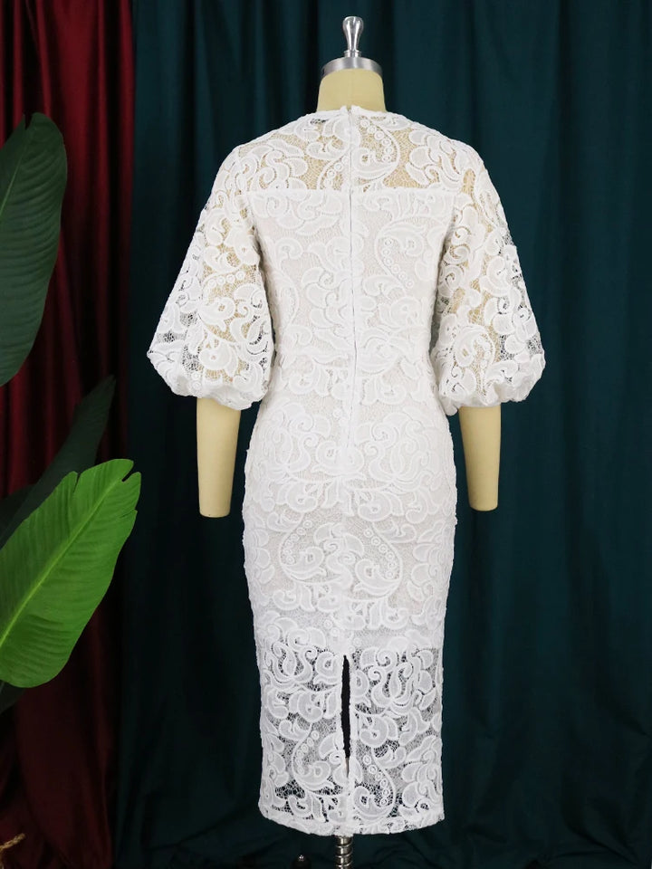 4XL O Neck Lace Lantern Sleeve Evening Dress - White Pink Patchwork Gown for Plus Size Ladies