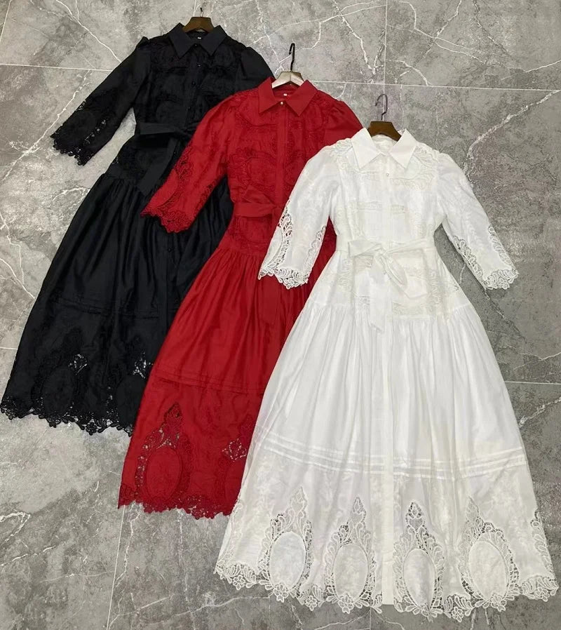 Stunning 2023 Autumn Dress - High Quality, Hollow Out, Turn-down Collar, Red/Black/White