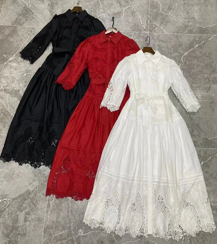 Stunning 2023 Autumn Dress - High Quality, Hollow Out, Turn-down Collar, Red/Black/White