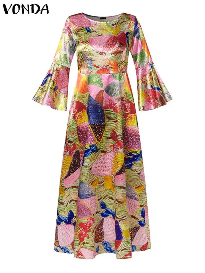 Plus Size 5XL VONDA Elegant Women Maxi Dress Autumn Long Flare Sleeve Casual Printed Elegant Long Shirt Sundress Party Vestidos