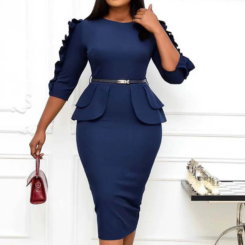 Chic Ruffles Midi Pencil Skirt - Back Zipper, Plus Size, Three Quarter Sleeve