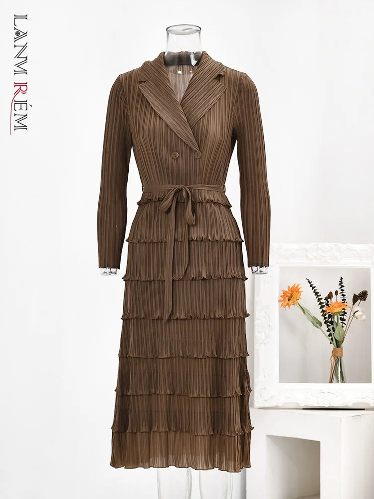 LANMREM Designer Pleated Dress for Women - Laple, Double Breasted, Long Sleeves, 2024 New Collection
