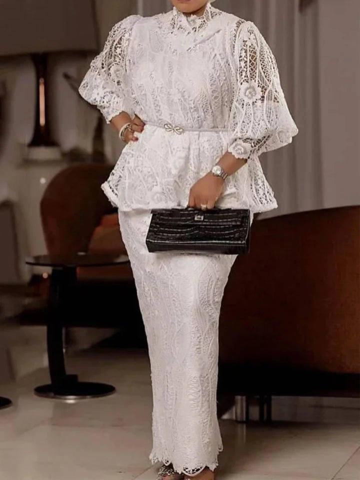 Elegant White 2 Piece Outfit Women Lace Long Sleeve Mock Neck Top Blouse and Pencil Skirt Set Formal Cocktail Wedding Guest Gown