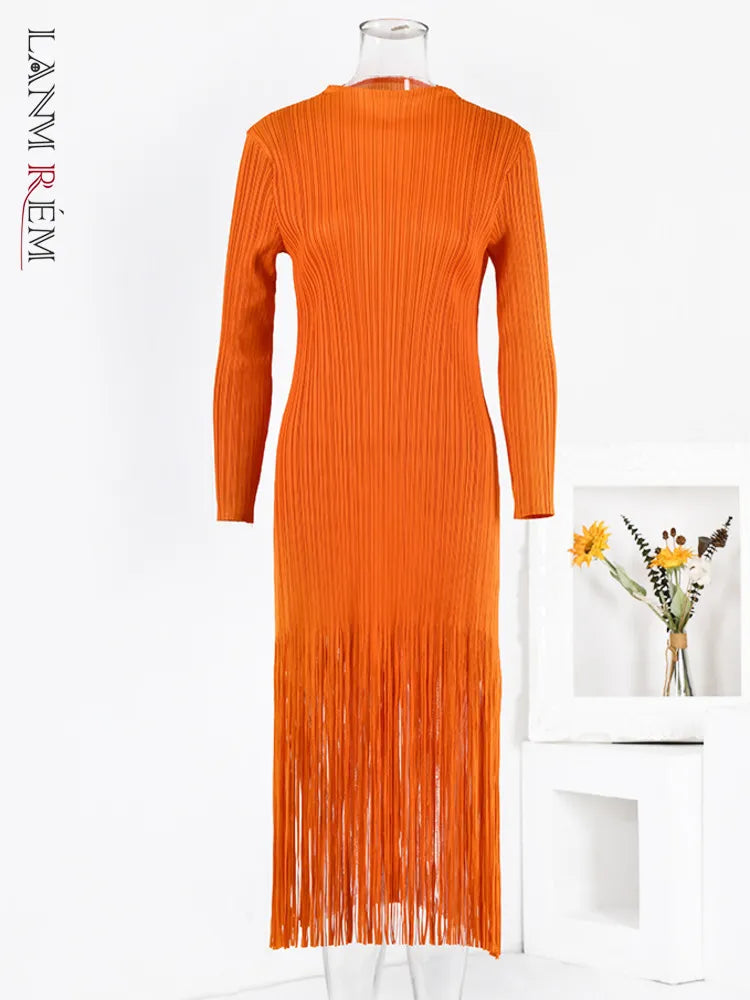 LANMREM Orange Tassel Pleated Dress - Round Neck, Long Sleeves, Party Clothes, Autumn Fashion