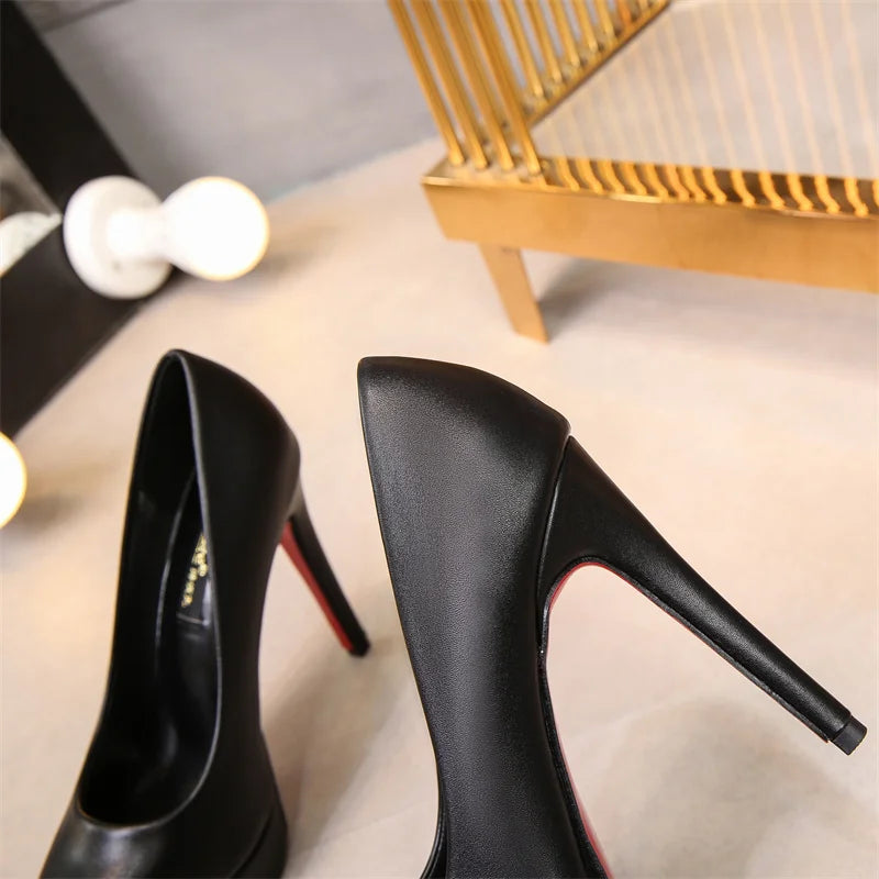 Stylish Slip-On Platform Pumps - 12cm Thin Heels, PU Leather, Korean Style, Black