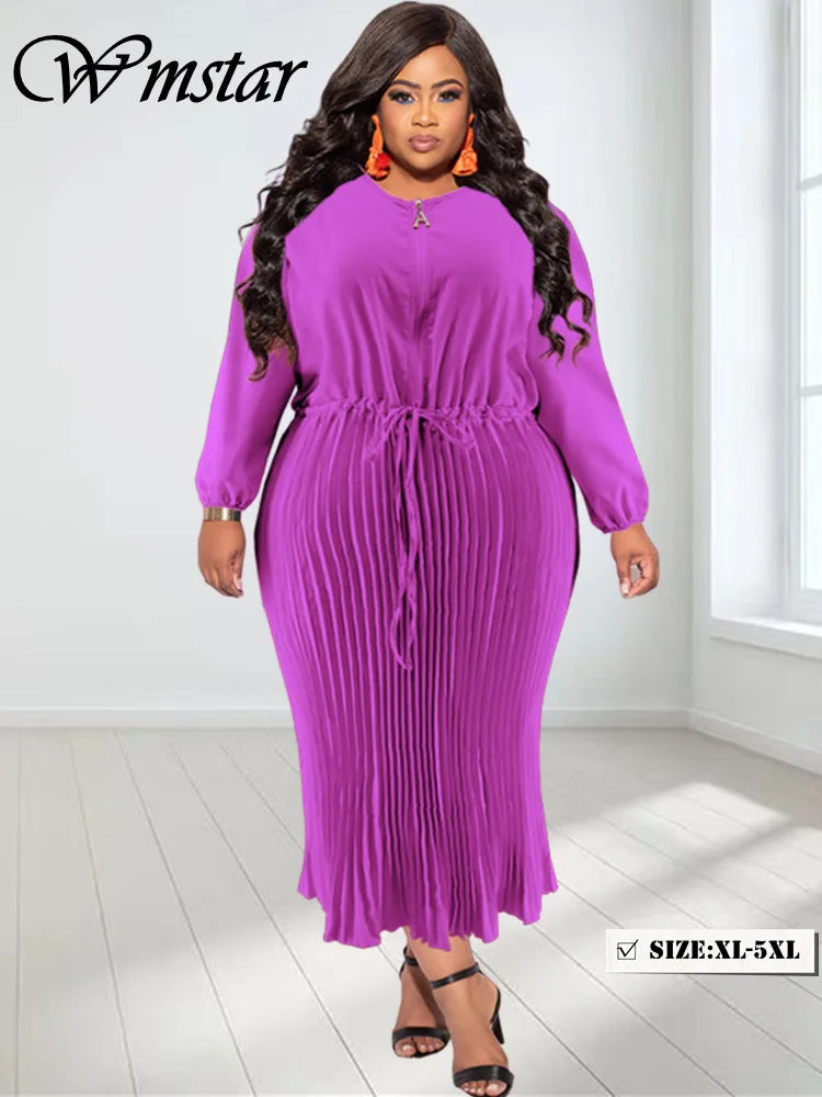 Wmstar Plus Size Women Dress O Neck Fashion High Waist Bandage Elegant Long Sleeve Fall Maxi Dresses Wholesale Dropshipping