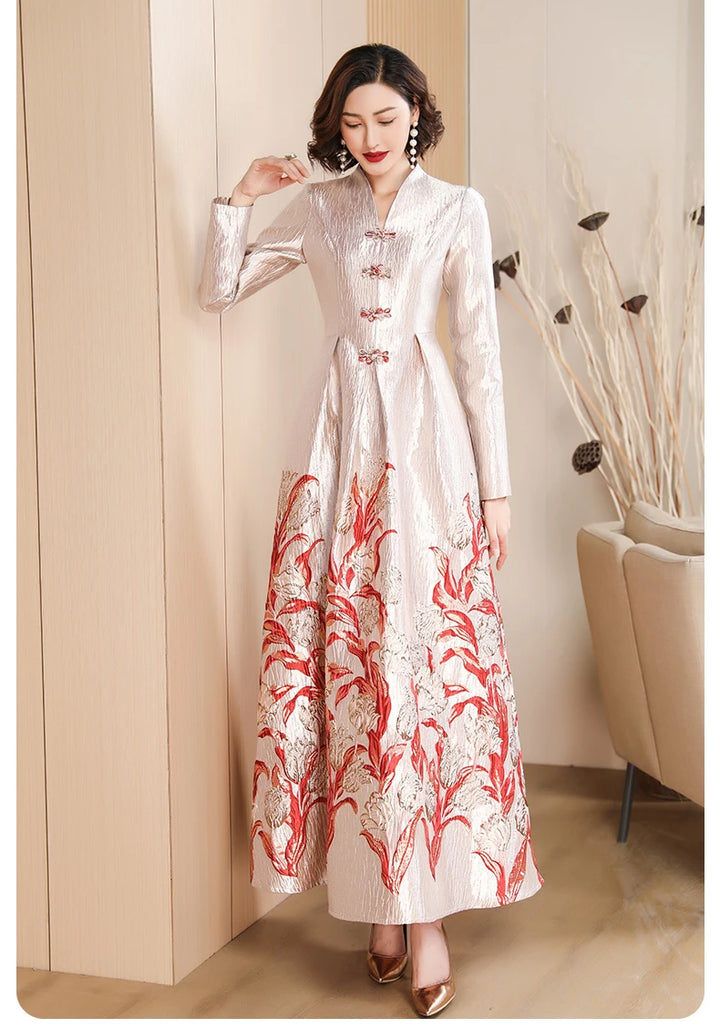 Chinese Style Floral Jacquard Dress for Women - Perfect for Evening Events and Parties - 3cm Error