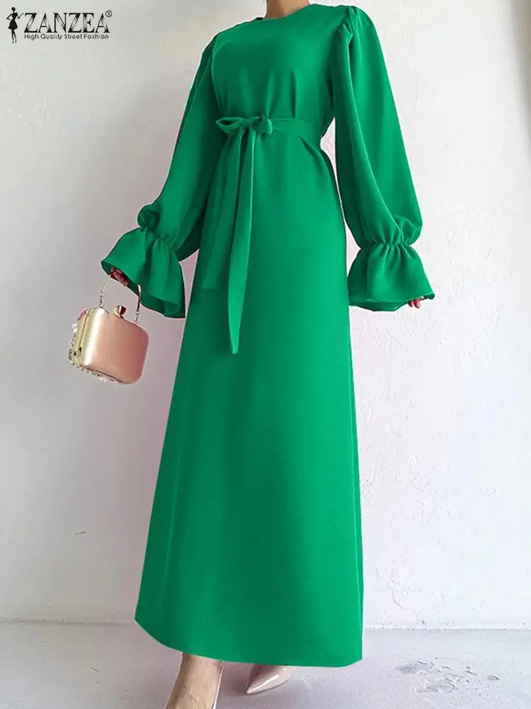 Vintage Maxi Dress with Ruffled Cuffs and Belt - ZANZEA 2023 Autumn Collection