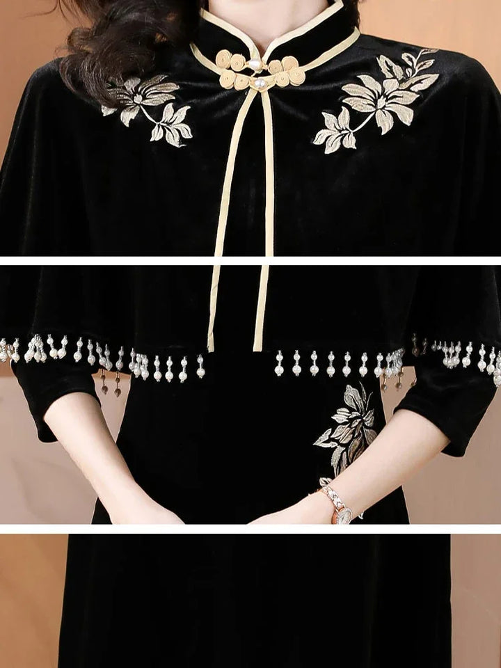 Vintage Chinese Embroidery Midi Dress - Elegant Two Piece Set for Autumn Winter Parties