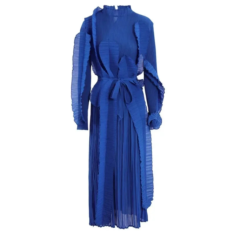 Elegant YUDX Miyake Pleated Ruffles Dress with Belt - 2024 Spring Collection