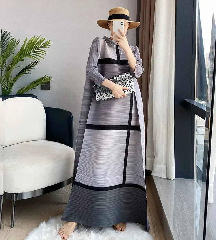 Elegant Spring Pleated Dress - Color Block, Full Sleeved, Casual Evening Party, Women's 2023 New Collection