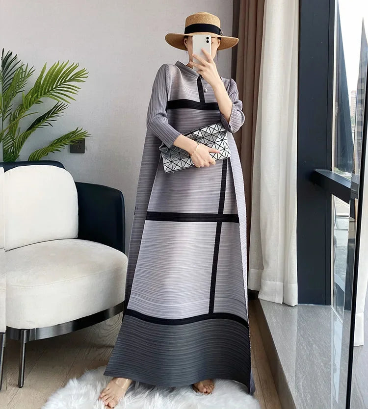 2023 New EGRM Spring Formal Dress - Color Block, Full Sleeves, Pleated, Evening Party, One Size