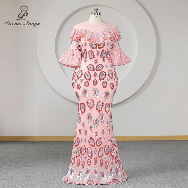 Pink Sequined Mermaid Evening Dress Plus Size