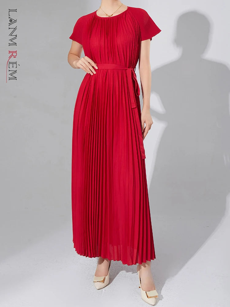 LANMREM Elegant Pleated Dress - Short Sleeve, Belted, Solid Color - 2023 Autumn Collection