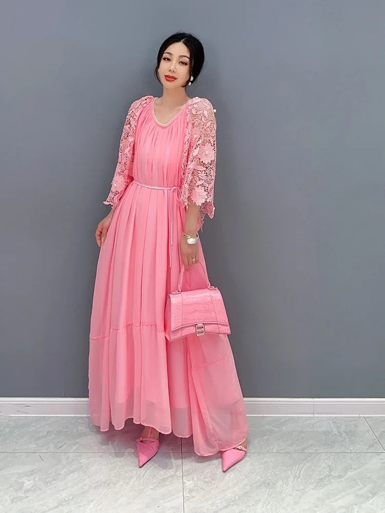 2024 Summer Korean Lace Pleated Dress - Pink, Show Slim, Short Sleeve - QING MO ZXF2631