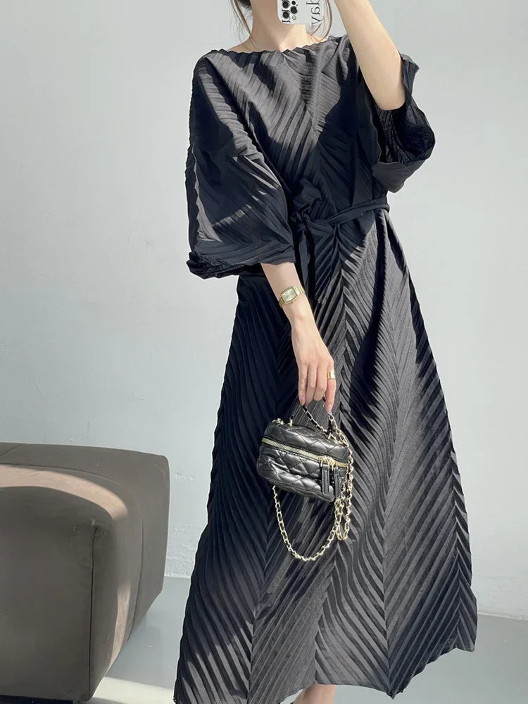 EGRM Fashion Miyake Pleated Dress - A-line, Casual, O-Neck, Half Sleeves, Belt - 2024 Spring Collection