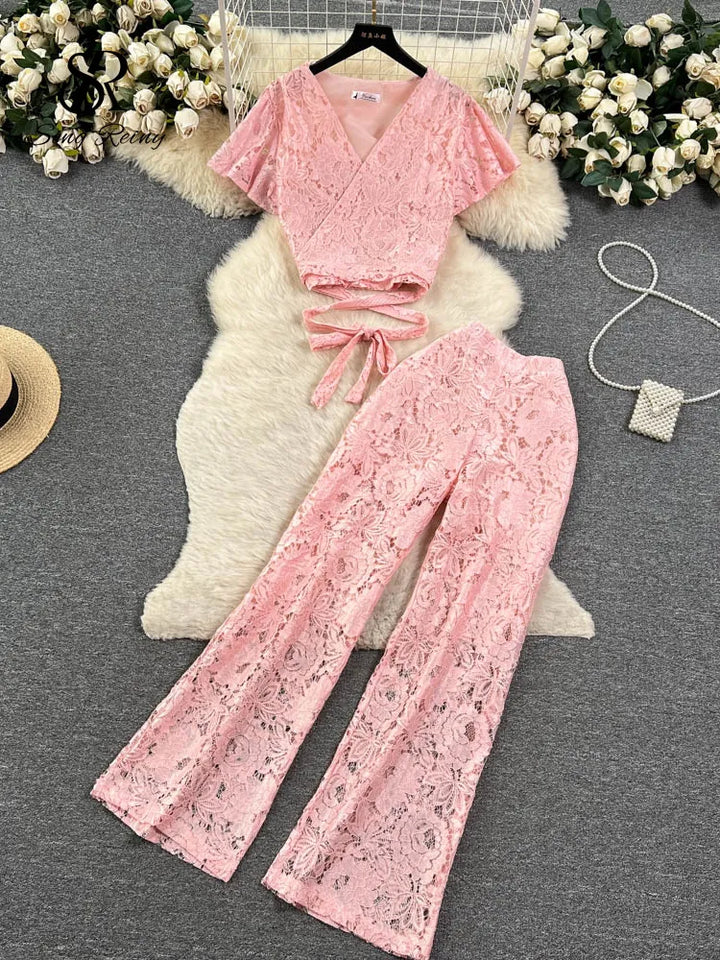 Floral Lace Two-Piece Set: Slim Top + Wide-Leg Pants - Summer Must-Have!