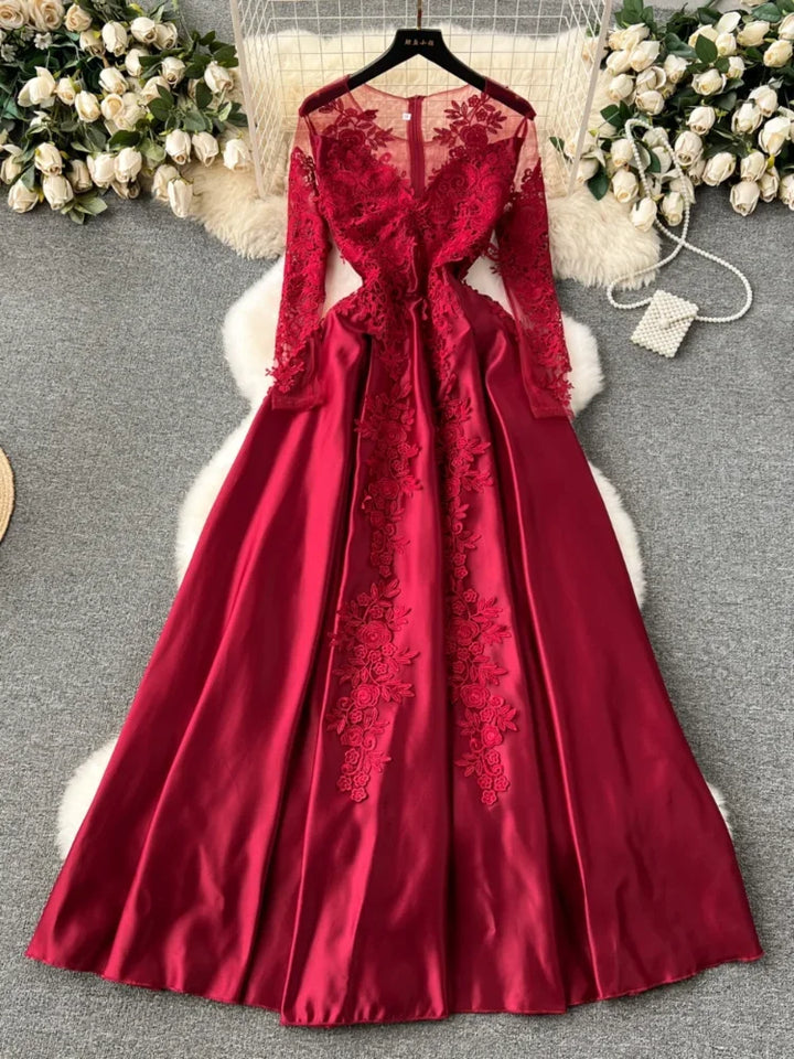 Vintage Embroidered Red Mesh Evening Dress