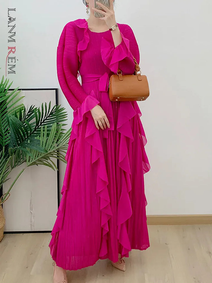 LANMREM Ruffle Pleated Dress - Elegant Maxi with Flare Sleeves and Belt for Women - Autumn 2023 Collection