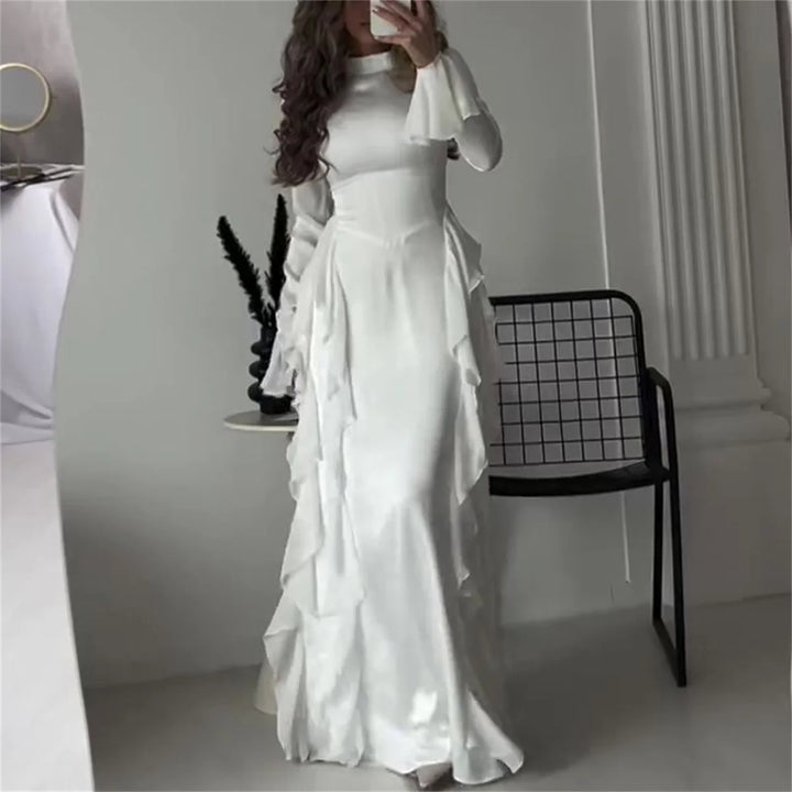 White Flared Long Sleeve Dinner Gown