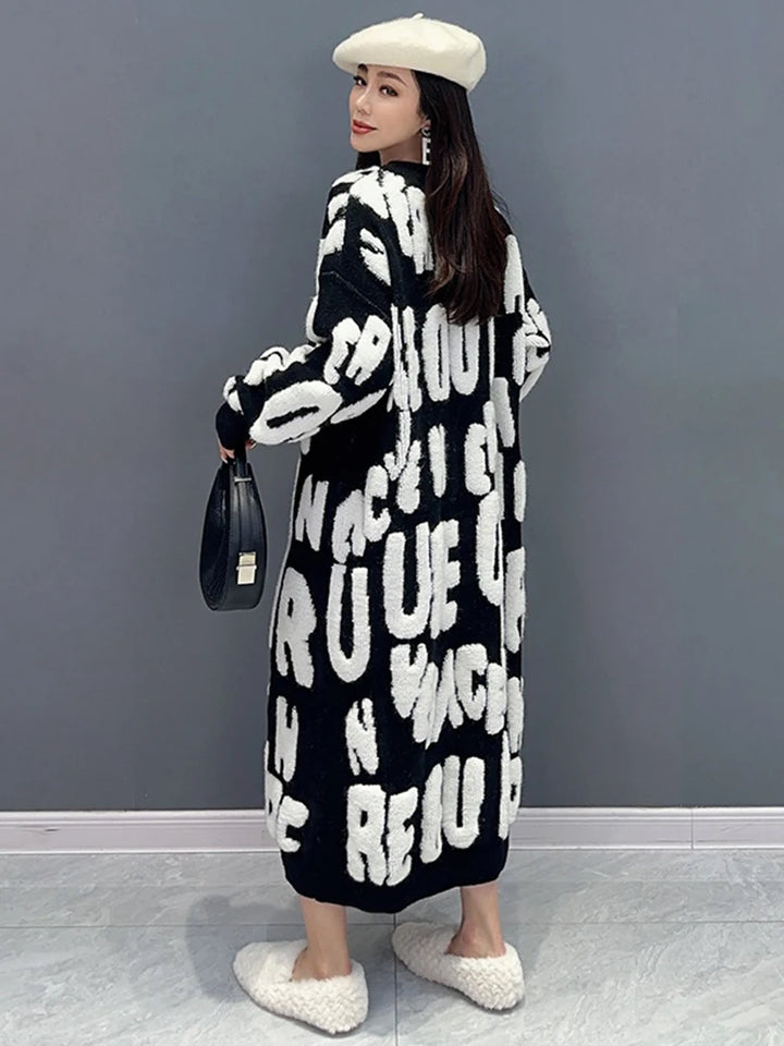 Autumn 2024 Versatile Knit Dress for Women - SHENGPALAE Villus Letter Print - O-neck - Straight - 5R7812