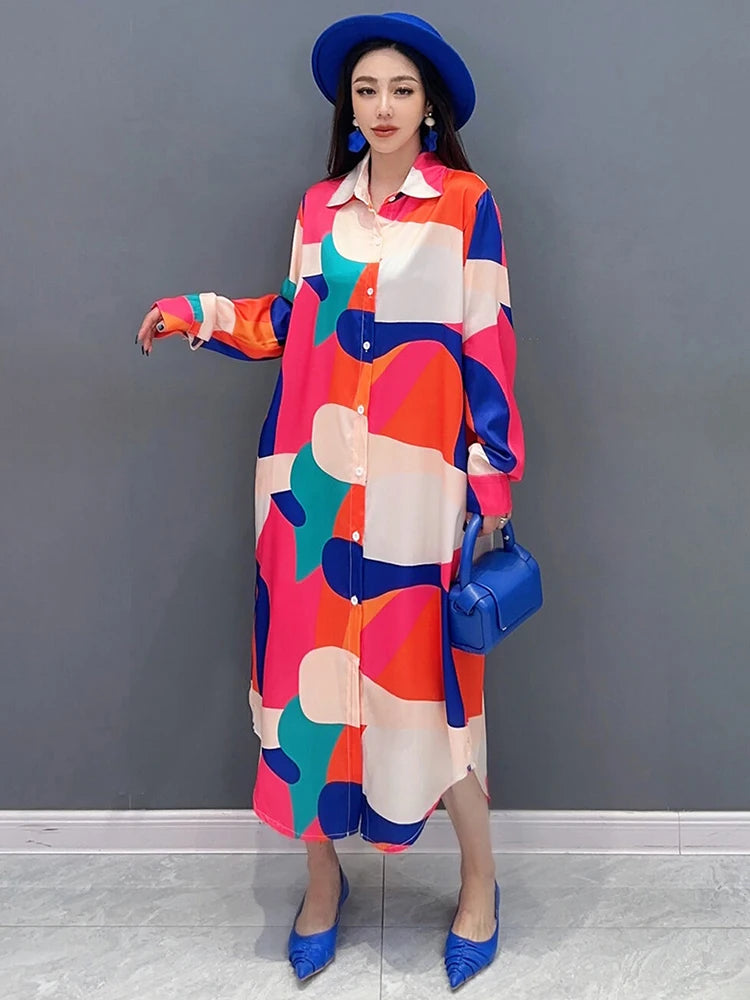 SHENGPALAE 2024 Spring Shirt Dress | Contrast Print | Loose Fit | Mid Calf | Casual Robe | Vestido