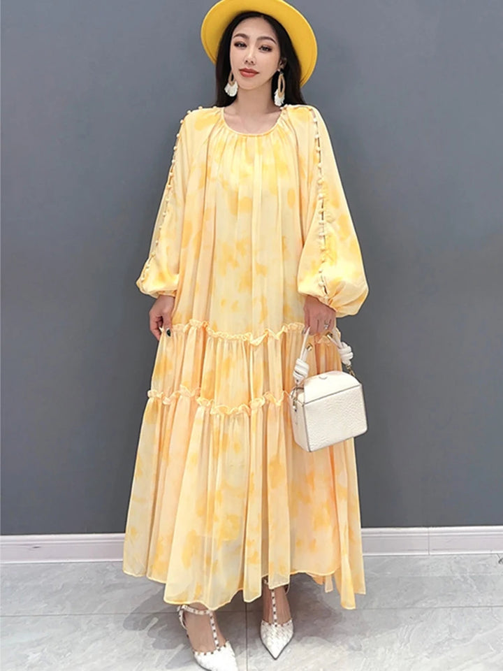 Elegant Chiffon Printed Dress - Spring/Summer 2024 Collection - Loose Fit - Long Sleeve - SHENGPALAE