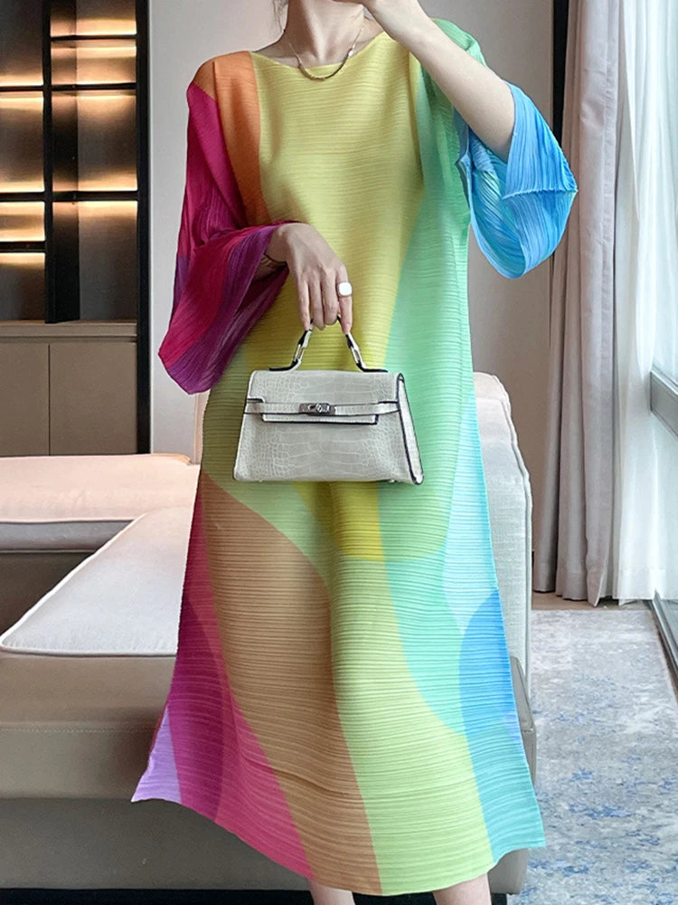 Colorful Print Pleated Dress - Casual A-line Fashion 2023 Autumn - LANMREM