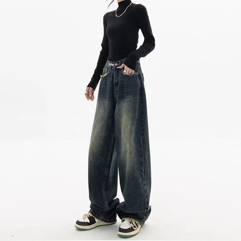 Retro Korean Baggy Jeans - High Waisted Straight Leg Denim Pants