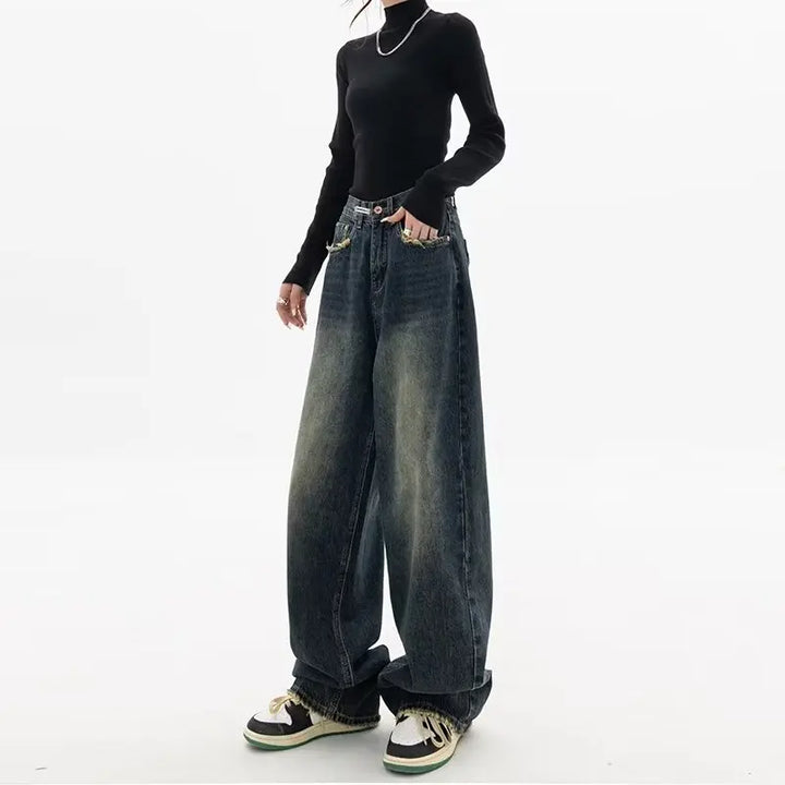 Retro Korean Baggy Jeans - High Waisted Straight Leg Denim Pants