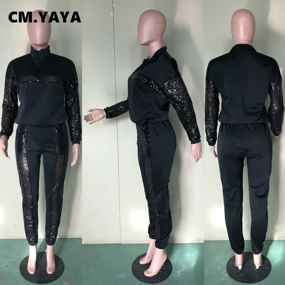 CM.YAYA sequined striped patchwork Women's Tracksuit Long Sleeve zipper turn-down collar pullover Pants Two 2 Piece Set Outfits