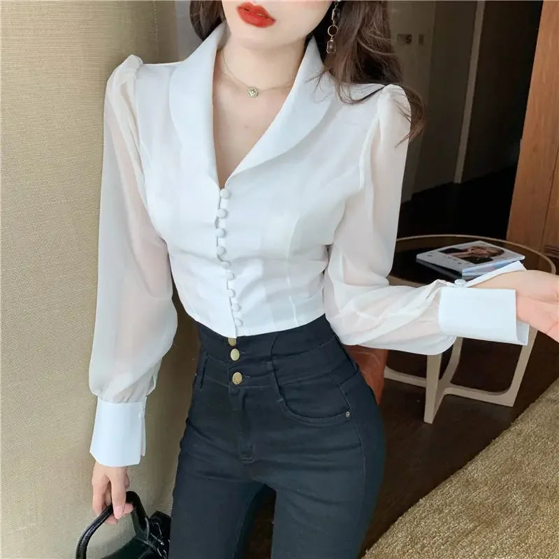 2023 Women's V-Neck Bow Crop Top - Elegant White Chiffon Blouse for Slim Waist