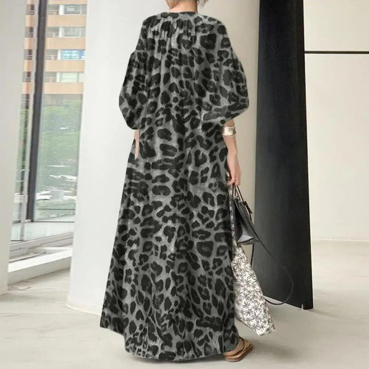 Boho Leopard Print Maxi Dress with Stand Collar and Half Sleeves - Perfect for Fall and Spring Events!