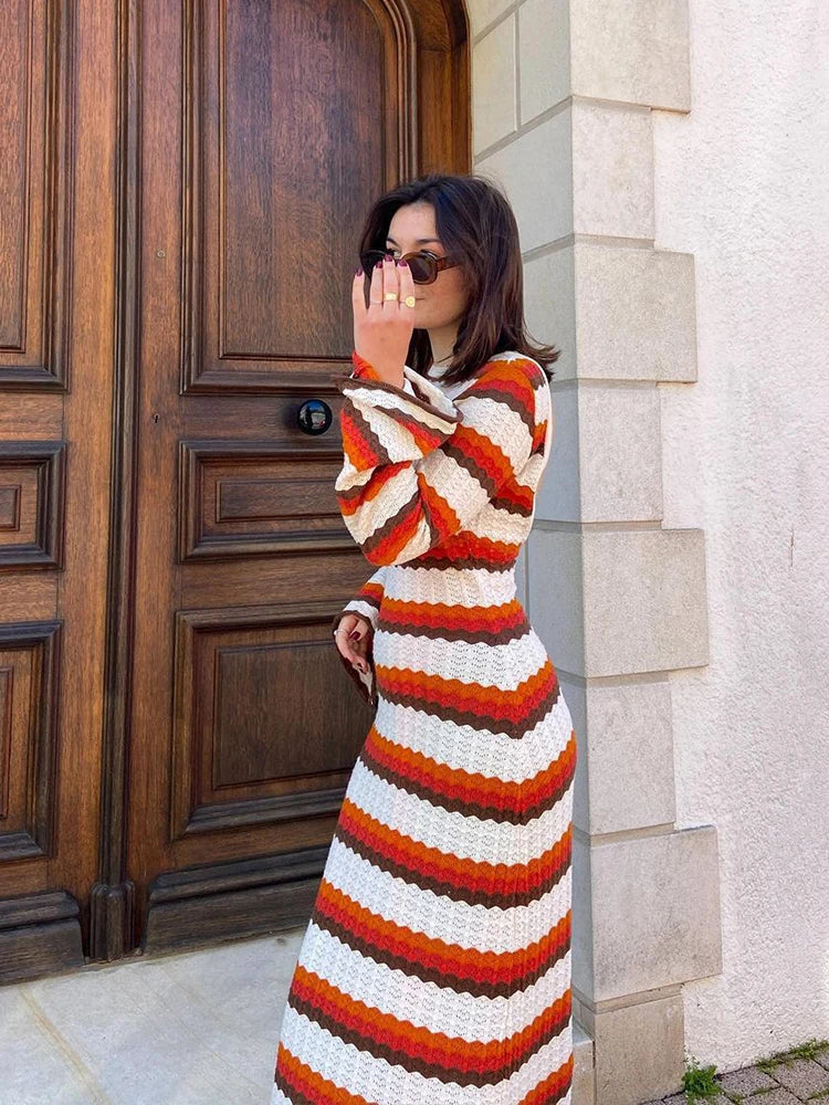 Elegant Striped Maxi Dress with Horn Sleeves for Women - Perfect for Beach, Holiday, and Evening Parties