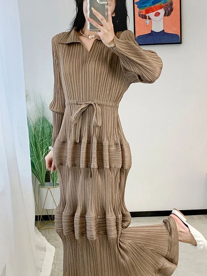 2024 Spring EGRM Maxi Dress - Pleated, Long Sleeves, Solid Color, Gathered Waist