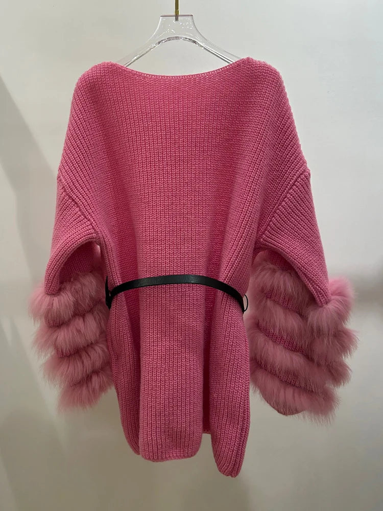 Real Fox Fur Knit Sweater - Loose Fit, Autumn/Spring - 100% Genuine Fur