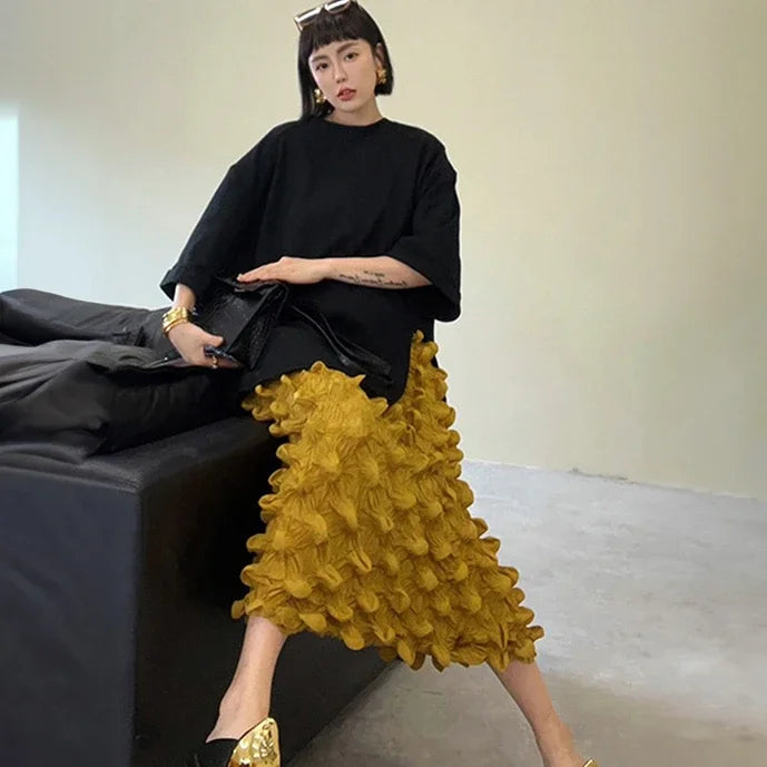 2023 Fall New Design Miyake Straight Skirt - Yellow Durian Pleated, One Size