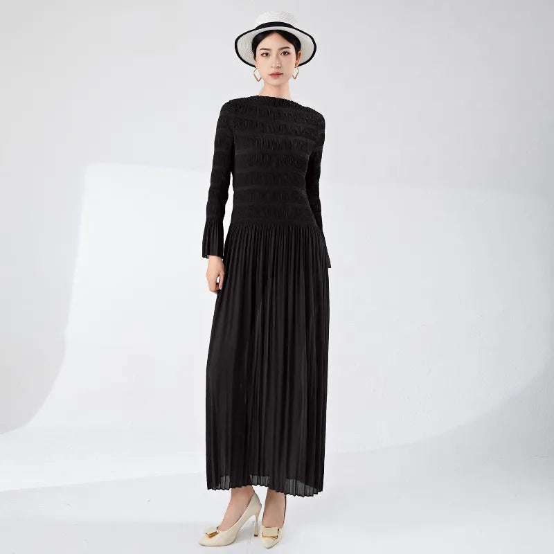 Miyake Pleated Dress Women's Summer High Quality Lightweight Elegant Long Sleeved Round Neck Extended Dress