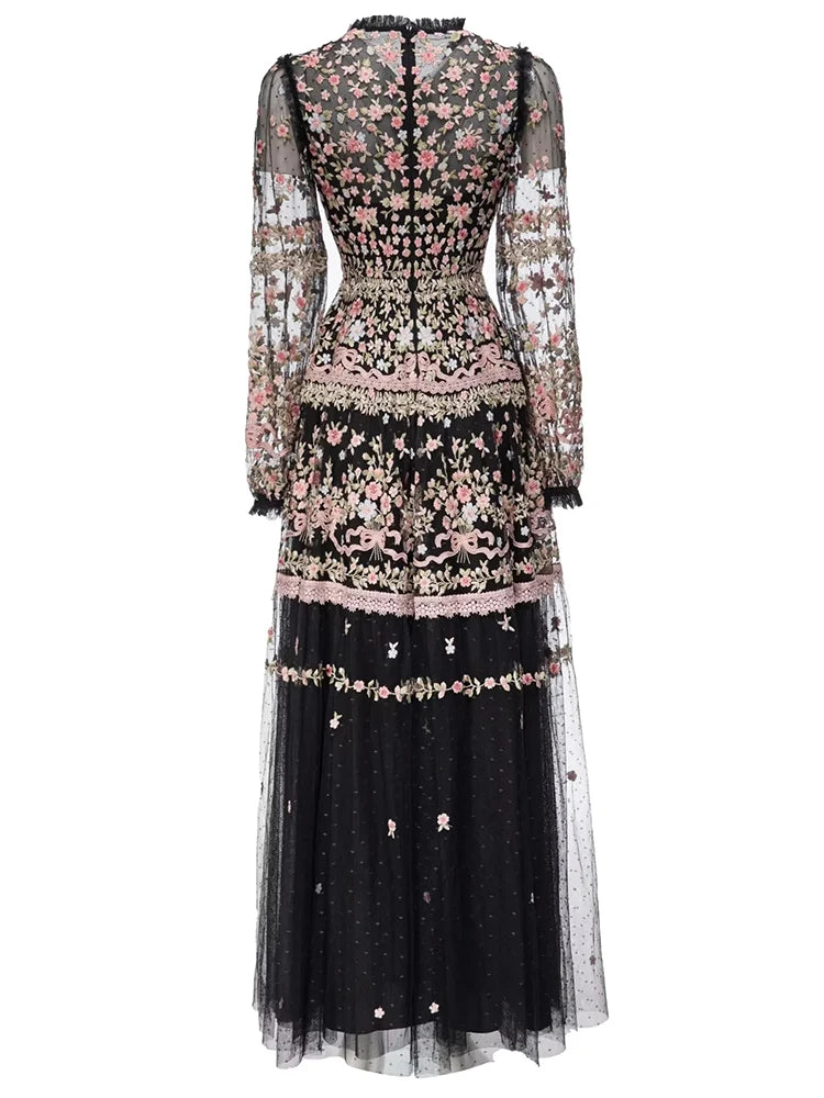 Vintage Autumn Maxi Dress | Mesh & Floral Embroidery | High Waist & Lantern Sleeves
