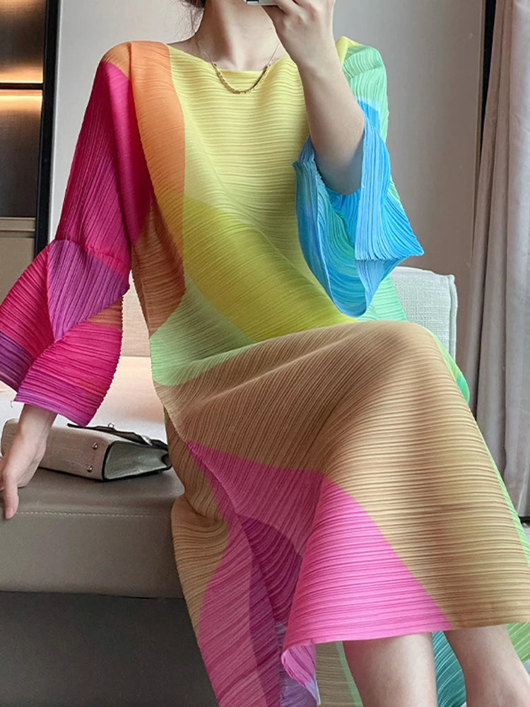 Colorful Print Pleated Dress - Casual A-line Fashion 2023 Autumn - LANMREM