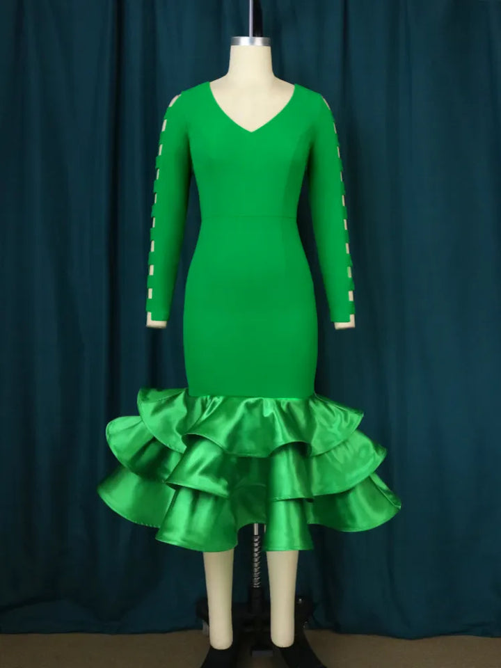 2023 Spring Mermaid Bodycon Dress with Cut-Out Ruffles - AOMEI Long Green Party Dress